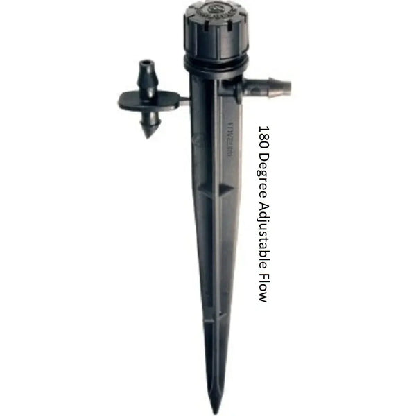 Black adjustable sprinkler head on a white background with text indicating '180 Degree Adjustable Flow'.