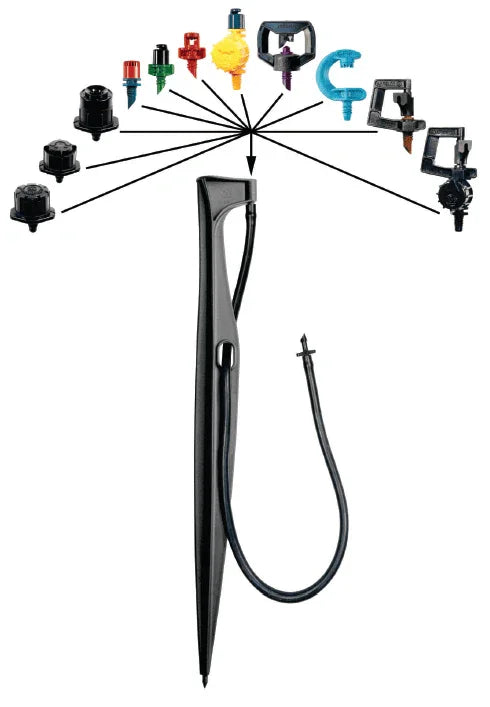 irrigation stake with a selection of the various sprinklers and microjets that can be attached diagram