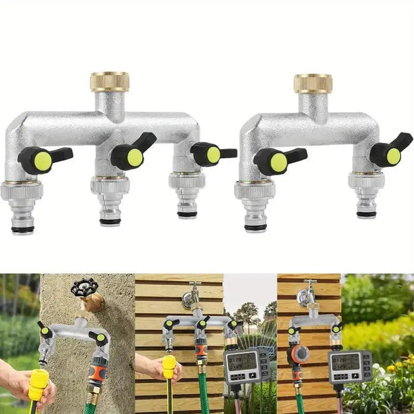 Threaded 3-Way Tap Splitter: Vertical Outlets for Easy Access.