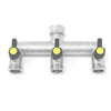 Threaded 3-Way Tap Splitter: Vertical Outlets for Easy Access.