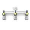 Threaded 3-Way Tap Splitter: Vertical Outlets for Easy Access.