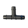 13mm Irrigation Tee Connector, black plastic T-shaped hose fitting with ridged barbed ends and embossed markings.