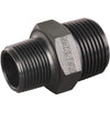 The Hansen Hex Polly Reducing Nipple is a black nylon pipe fitting with threaded ends and a hexagonal center. Designed for BSPT connections, this fitting securely connects pipes of different sizes.