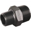 The Hansen Hex Polly Reducing Nipple is a black nylon pipe fitting with threaded ends and a hexagonal center. Designed for BSPT connections, this fitting securely connects pipes of different sizes.