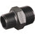 The Hansen Hex Polly Reducing Nipple is a black nylon pipe fitting with threaded ends and a hexagonal center. Designed for BSPT connections, this fitting securely connects pipes of different sizes.