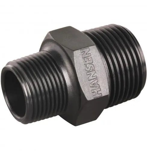 The Hansen Hex Polly Reducing Nipple is a black nylon pipe fitting with threaded ends and a hexagonal center. Designed for BSPT connections, this fitting securely connects pipes of different sizes.