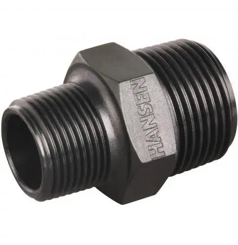 The Hansen Hex Polly Reducing Nipple is a black nylon pipe fitting with threaded ends and a hexagonal center. Designed for BSPT connections, this fitting securely connects pipes of different sizes.