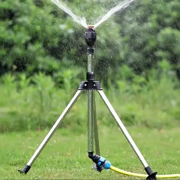 Stainless Steel Tripod Sprinkler: Adjustable Height & 360° Coverage.