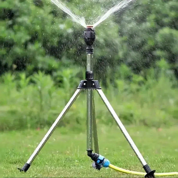 Stainless Steel Tripod Sprinkler: Adjustable Height & 360° Coverage.