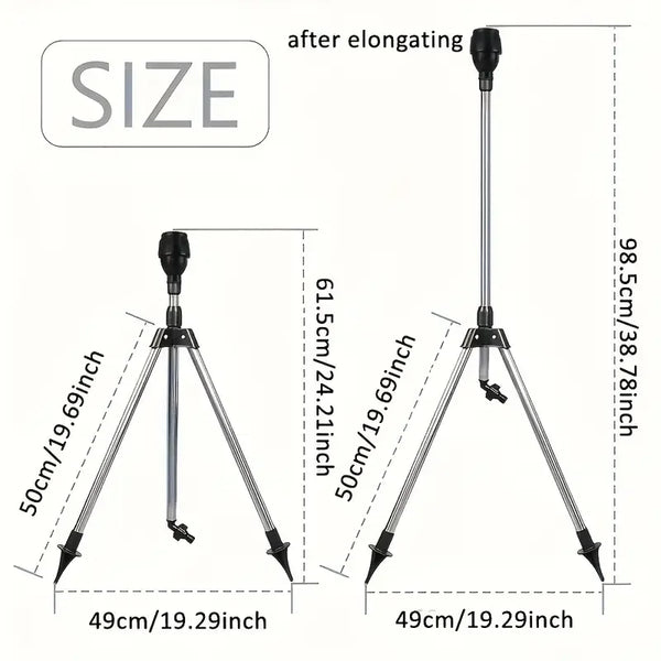 Stainless Steel Tripod Sprinkler: Adjustable Height & 360° Coverage.