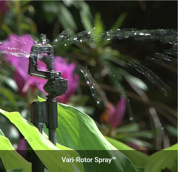 Sprinkler system spraying water on plants with 'Vari-Rotor Spray' label.