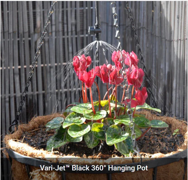 Hanging pot with red flowers being watered by a Vari-Jet Black 360° watering system against a metal fence background.