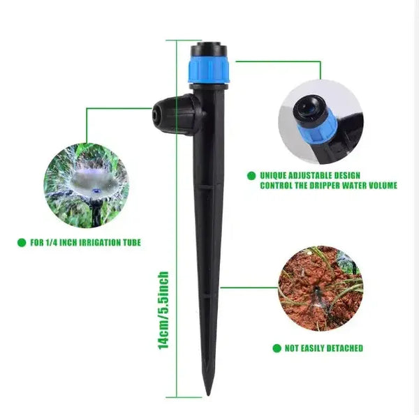 Garden irrigation system with adjustable design and features highlighted on a white background