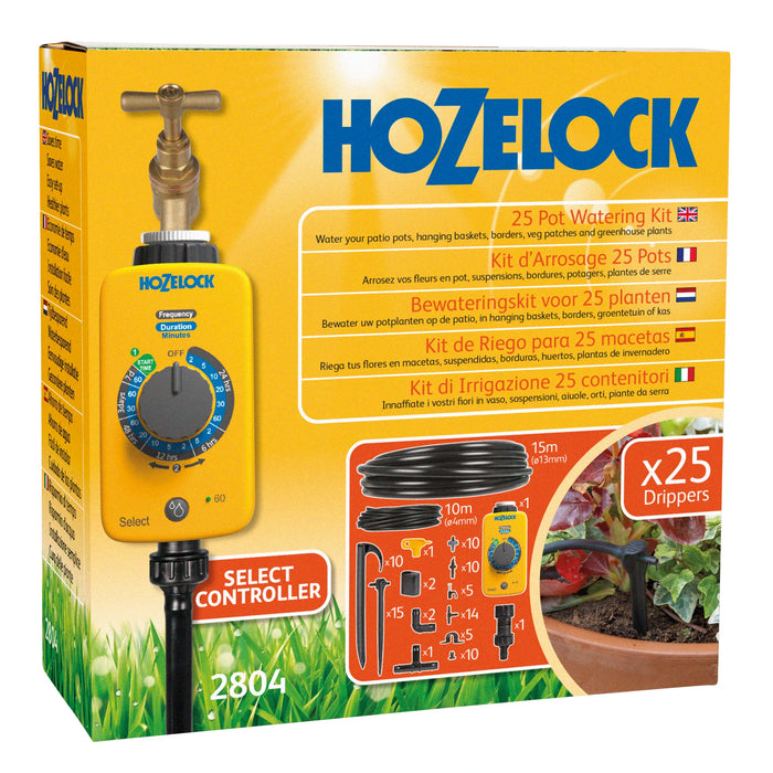 Hozelock 25 Pot Watering Kit packaging with controller and hoses on a yellow background