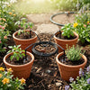 Terracotta pots with plants and a black garden hose on a garden bed.