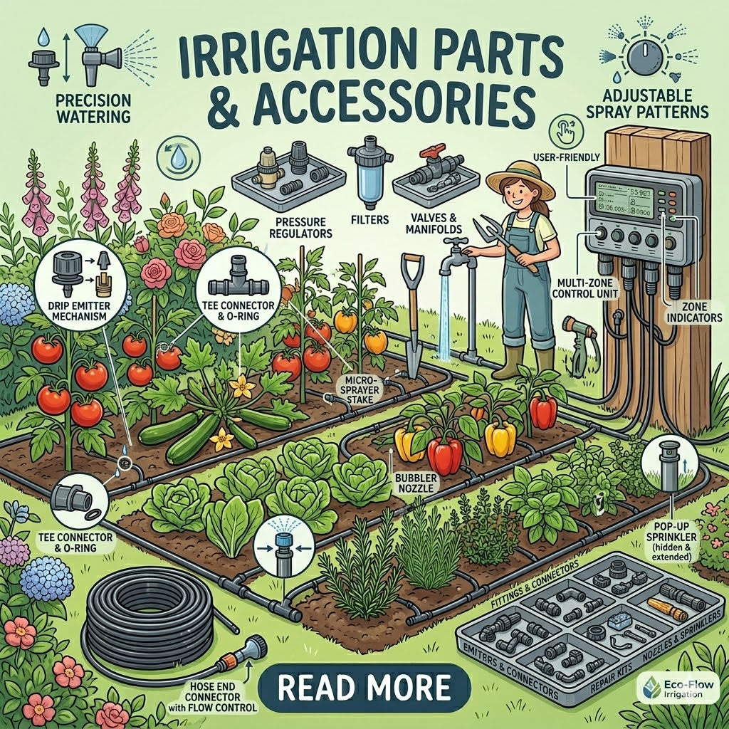 Illustration of irrigation parts and accessories with a garden scene.