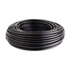 Coiled black rubber irrigation pipe on a white background