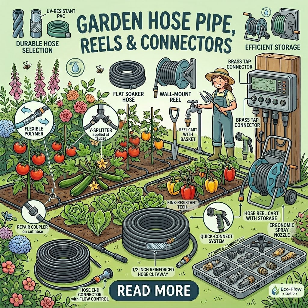 Illustration of a garden with various garden hose components and tools.