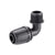 Black plastic anti-threaded elbow pipe fitting, 90-degree connector against white background