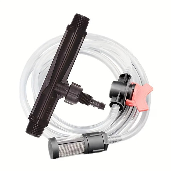 Clear plastic hose featuring a black T-shaped connector, mesh filter, and red valve handle—components of the Automatic Irrigation/Watering - Venturi Fertilizer Injector System, commonly used in fertigation or drip irrigation setups.