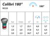 Technical specifications chart for Claber 180° lawn pop up sprinkler shower head with bar, l/min, m², and m measurements.
