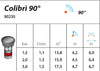 Technical specifications chart for Colibri 90 degree lawn pop up sprinkler with various measurements.
