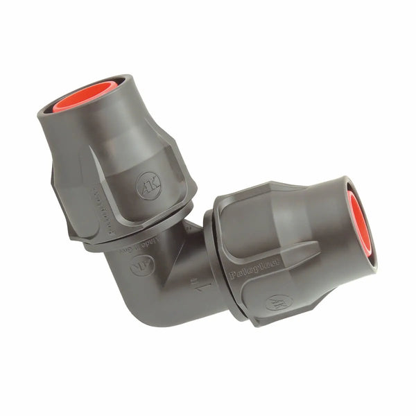 The Palaplast Drip Line Elbow for 16/17mm Pipe is a gray plastic fitting with two angled connectors and orange inner rings, designed for joining pipes at a 90-degree angle in plumbing, 16mm drip lines, or garden watering systems such as drip irrigation.