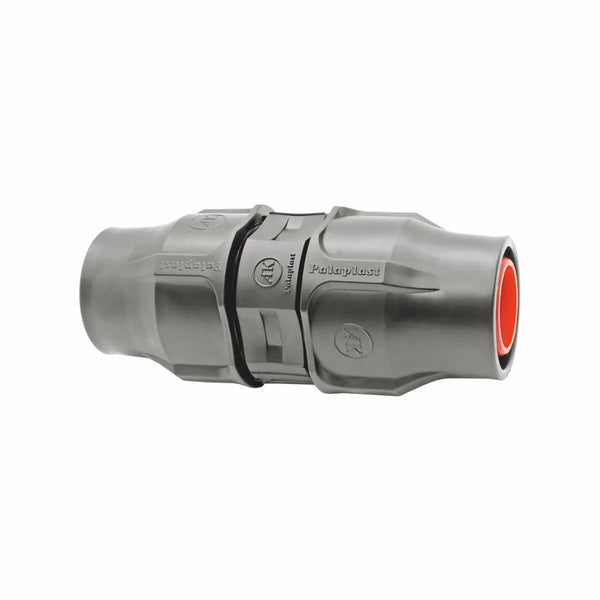 A Palaplast Drip Line Joiner for 16/17mm pipe, featuring a smooth, cylindrical gray plastic body with red inner rings at each end, is shown against a plain white background.