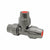 The Palaplast Drip Line Tee Connector for 16/17mm Pipe is a gray plastic fitting with three openings, each featuring red inner rings, designed as a tee adapter for irrigation drip lines in garden watering systems, shown isolated on a white background.