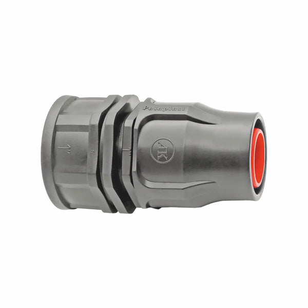 Palaplast Drip Line Threaded Female Connector 3/4″ for 16/17mm pipe, shown from the side against a white background. This gray plastic connector features grooved sections and a red inner ring, making it an ideal choice for integrating into your garden watering system or serving as a dependable drip irrigation adapter.