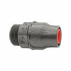 Palaplast Drip Line Threaded Male Connector 3/4″ for 16/17mm pipe, featuring a black plastic body with a threaded end and red inner ring, ideal for plumbing, drip irrigation, or garden watering systems. Suitable for connecting 16mm or 17mm drip line elbows. Isolated on a white background.