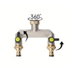 Brass garden tap splitter with 360-degree rotation.