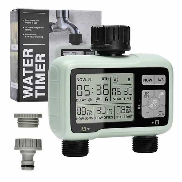 Digital water timer with packaging on a white background