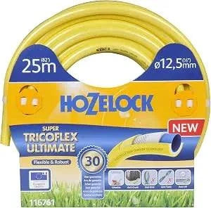 Hozelock Tricoflex Garden Hose, yellow flexible hose coiled on a retail card, with blue branding and 25m label