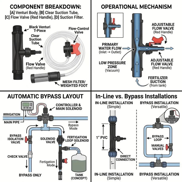 Diagram illustrating an Automatic Irrigation/Watering - Venturi Fertilizer Injector System used in irrigation setups, with labeled components, operational flow mechanism, bypass configuration, and distinctions between in-line and bypass installations. The diagram features detailed visuals—including directional arrows for each part—and emphasizes the integration of the Automatic Irrigation/Watering - Venturi Fertilizer Injector System for efficient fertigation within the system.