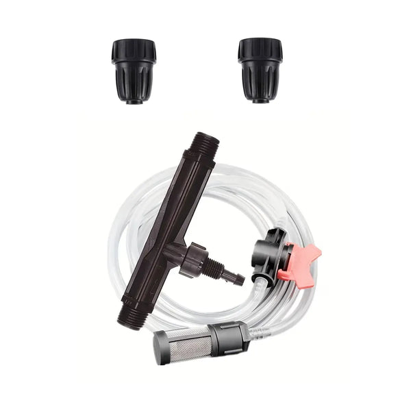 The Automatic Irrigation/Watering - Venturi Fertilizer Injector System includes two black connectors, a black T-shaped piece, clear tubing, a filter, and a valve with a red handle—all displayed on a white background—making it perfect for seamless integration into automatic fertilizer injector or Venturi fertigation systems.